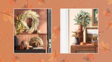 Two pictures of fall decor on a fall leaf background