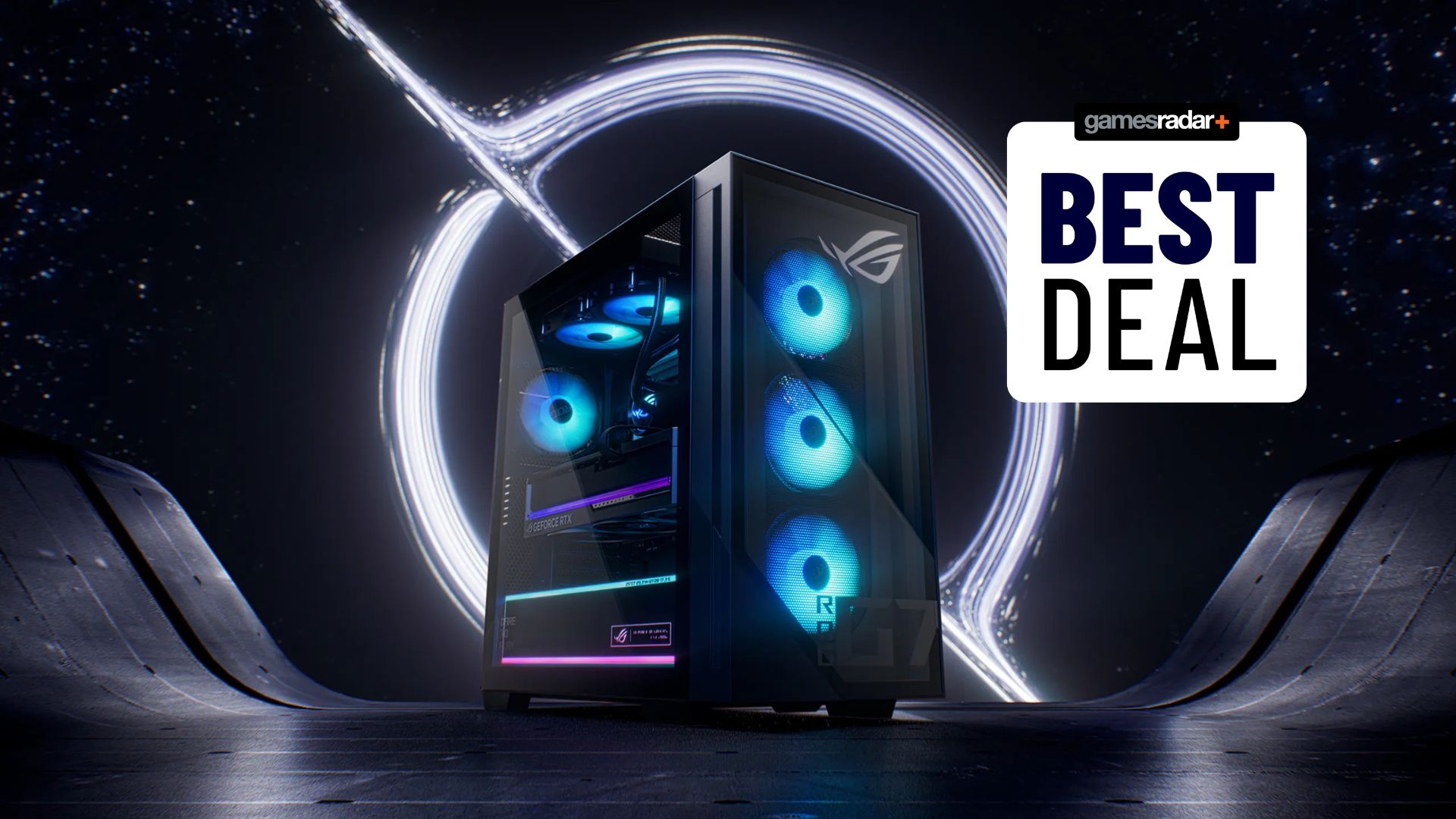 A marketing image of the Asus ROG G700 gaming PC with a GamesRadar+ "best deal" stamp on it