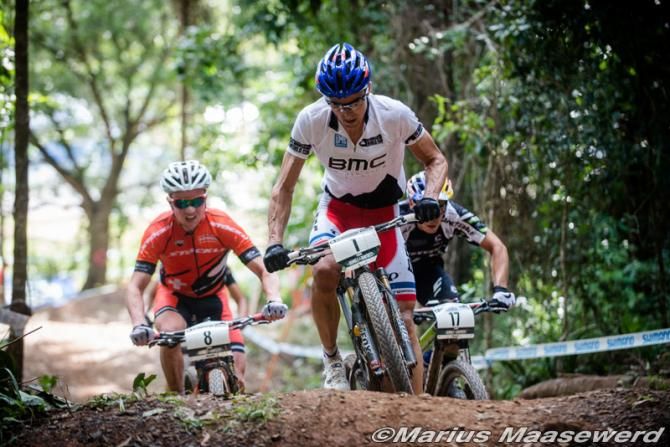 Julien Absalon (BMC Mountainbike Racing Team) leading Mathias Fluckiger (St&ouml;ckli Pro Team) and Marco Aurelio Fontana (Cannondale Factory Racing)