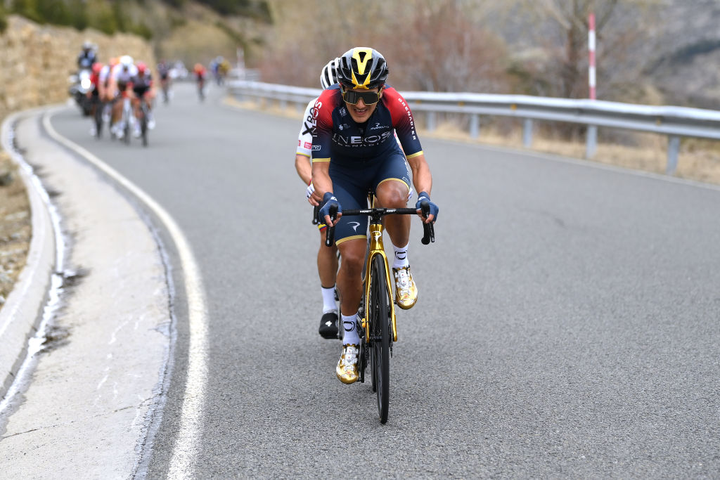 BO TALL SPAIN MARCH 24 LR Sergio Andres Higuita Garcia of Colombia and Team Bora Hansgrohe and Richard Carapaz of Ecuador and Team INEOS Grenadiers attack in the final climb during the 101st Volta Ciclista a Catalunya 2022 Stage 4 a 1665km stage from La Seu dUrgell to Bo Tall 2015m VoltaCatalunya101 WorldTour on March 24 2022 in Bo Tall Spain Photo by David RamosGetty Images