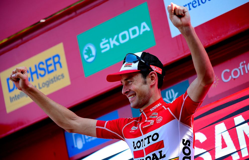 Sander Armee on the Vuelta podium after winning stage 18