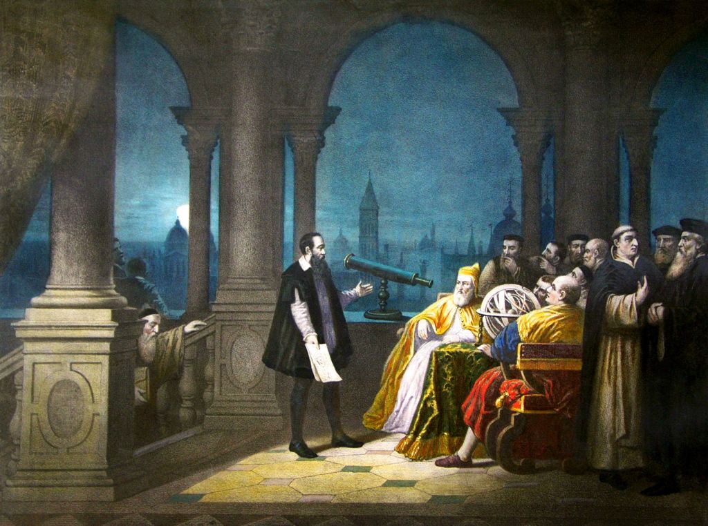 Painting of Galileo with a telescope on the edge of a building that overlooks a city. A group of men are in front of Galileo watching