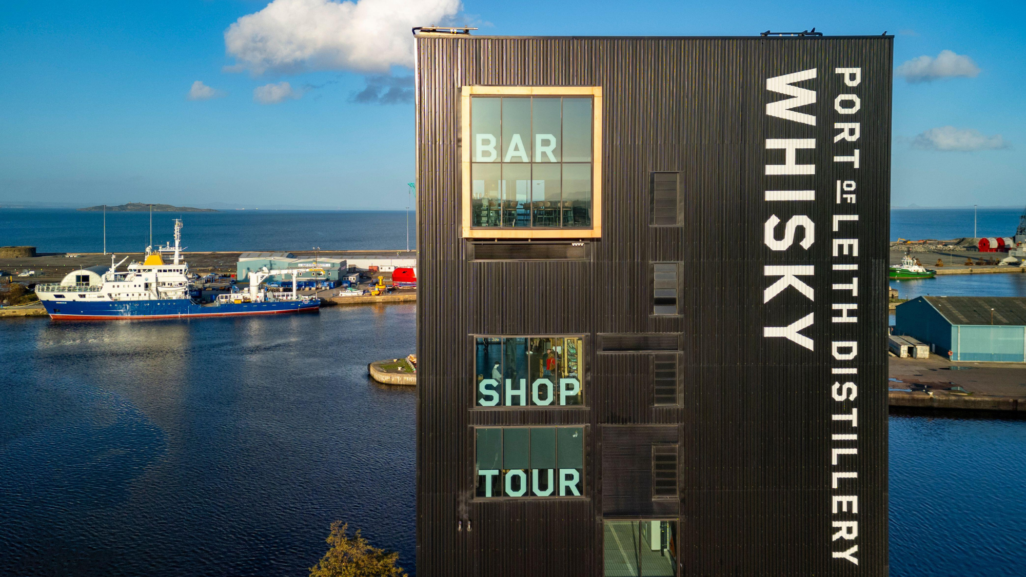 Aerial view from drone of Port of Leith Distillery at Leith Edinburgh, Scotland UK