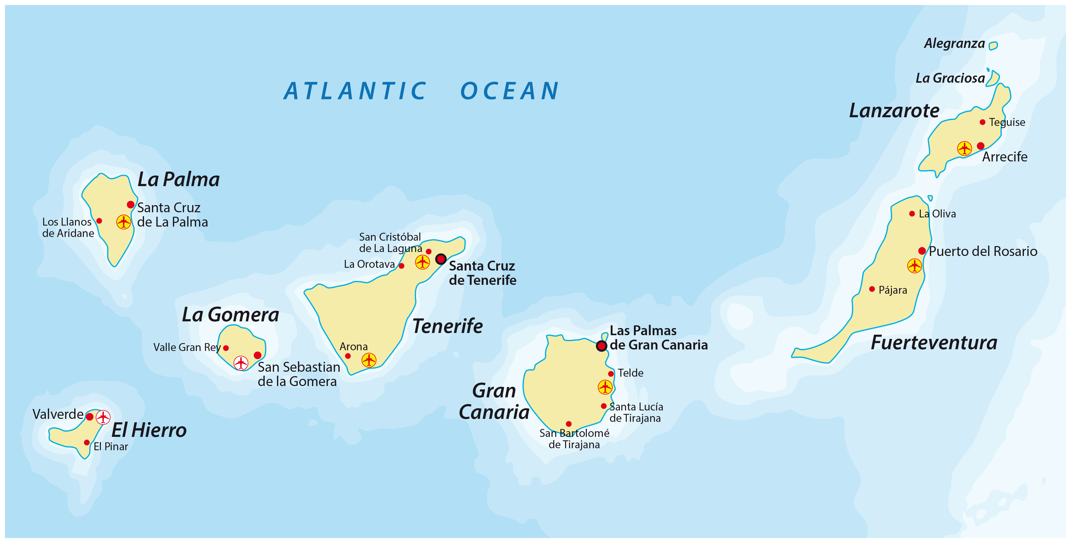 Map of the Canary Islands, with Tenerife, La Palma, La Gomera, El Hierro, Gran Canaria, Fuerteventura, Lanzarote.