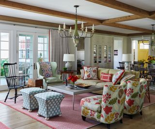 traditional living room with green and pink color scheme