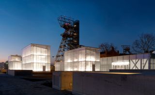 Lit up storage facility at night