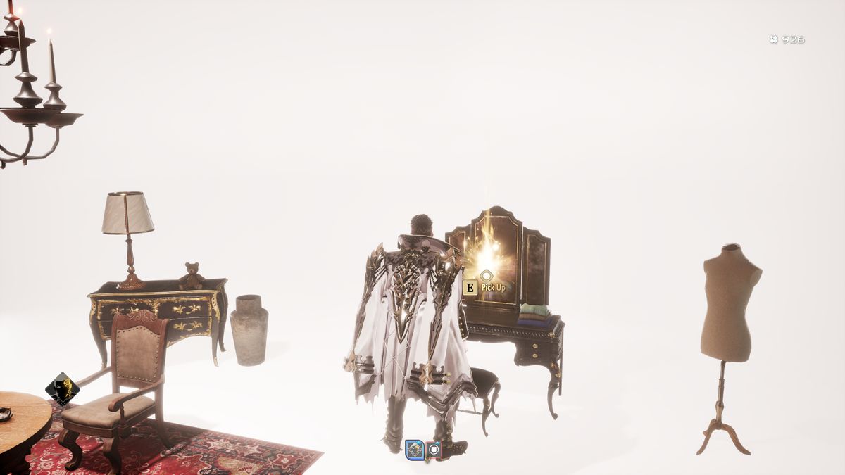 Code Vein 2 best early weapons: A player looking at a makeup table with a glowing item in a white room.