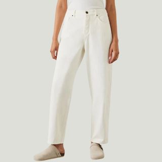 Hush Relaxed Boyfriend Jeans in white on a model teamed with suede clogs