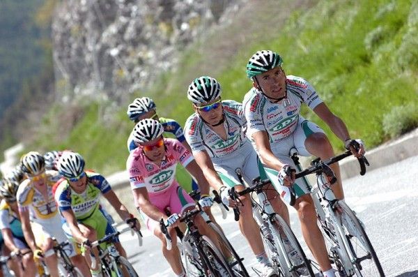 Race leader Danilo Di Luca is paced by his LPR Brakes teammates on the climb to Sestri&egrave;re.