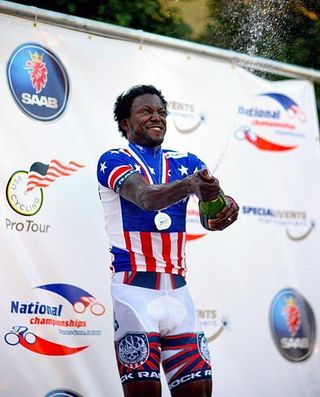 Rahsaan Bahati celebrates his win in the 2008 US Pro Criterium Championships