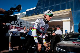 Tadej Pogacar is at the UAE Emirates Cycling Team pre-season training camp in Benidorm, Spain, on December 10, 2024. (Photo by Jose Miguel Fernandez/NurPhoto via Getty Images)