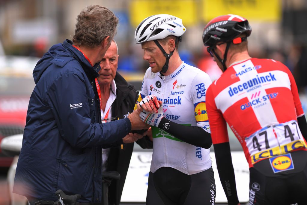 LA CHATRE FRANCE MARCH 10 Arrival Toon Cruyt of Belgium Doctor of Team Deceuninck QuickStep Sam Bennett of Ireland and Team Deceuninck QuickStep Crash Injury Michael Mrkv of Denmark and Team Deceuninck QuickStep during the 78th Paris Nice 2020 Stage 3 a 2125km stage from ChalettesurLoing to La Chtre ParisNice parisnicecourse PN on March 10 2020 in La Chatre France Photo by Luc ClaessenGetty Images