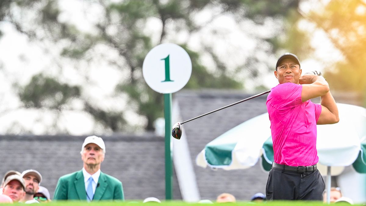 Tiger Woods plays his shot from the first tee during the first round of the Masters at Augusta National Golf Club on April 7, 2022, in Augusta, Georgia.