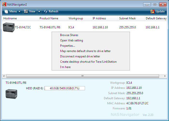 The NASNavigator 2 utility finds the appliance on the network and helps with share mapping.