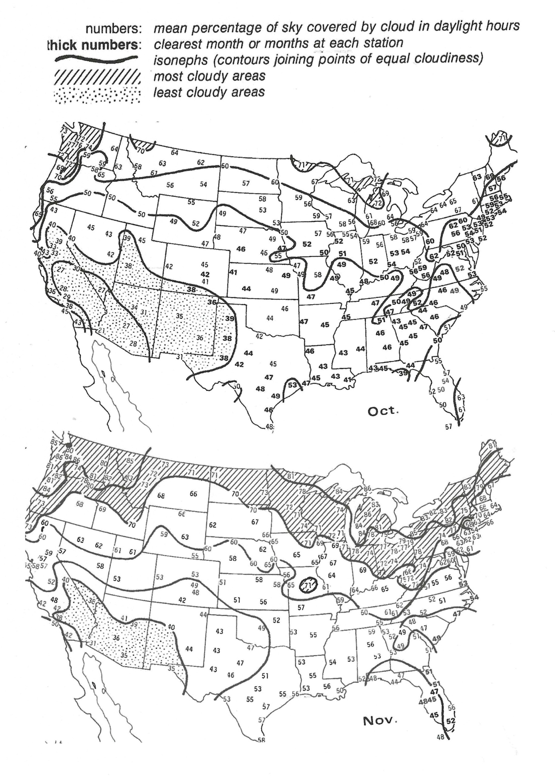 2 panel image showing a map of the United States comparing October and November sky conditions.