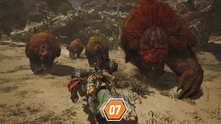 Monster Hunter Wilds screenshot showing three big creatures in pursuit of a hunter on horseback