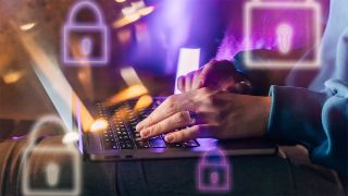 Person typing on a laptop with graphics of padlocks surrounding it