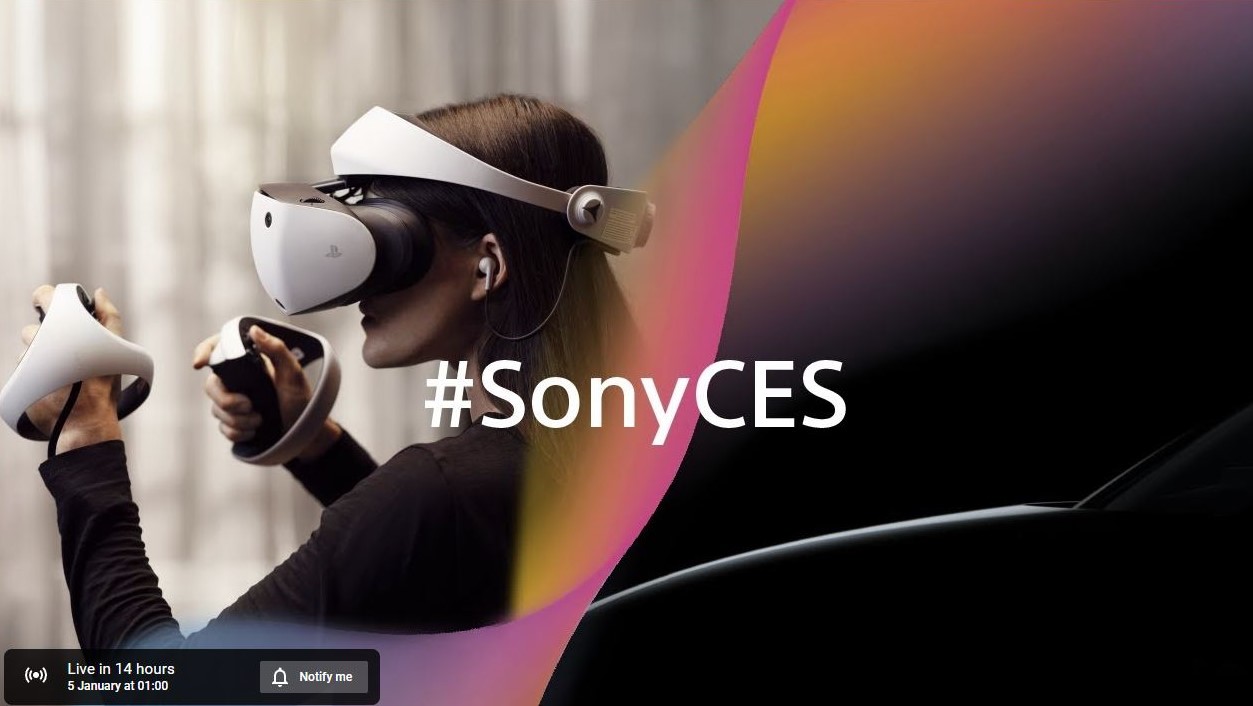 Imagen de transmisión en vivo de CES 2023 de Sony que muestra los auriculares PSVR 2 y lo que parece un automóvil