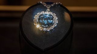 The blue hope diamond sits at the middle of a diamond encrusted necklace in a museum case.
