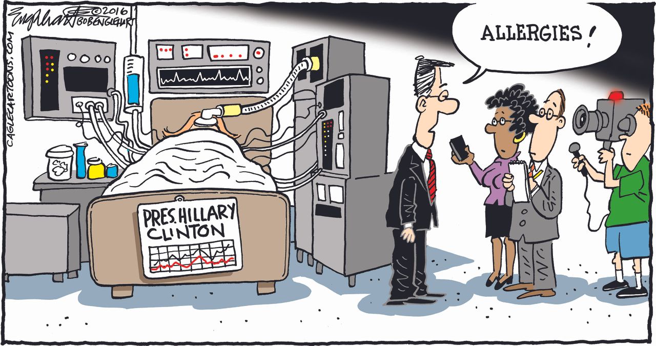 Political cartoon U.S. 2016 election Hillary Clinton in hospital bed allergies media