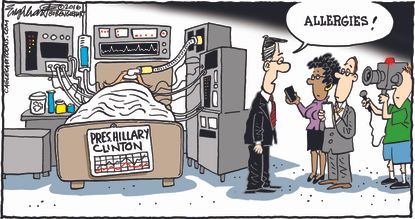 Political cartoon U.S. 2016 election Hillary Clinton in hospital bed allergies media