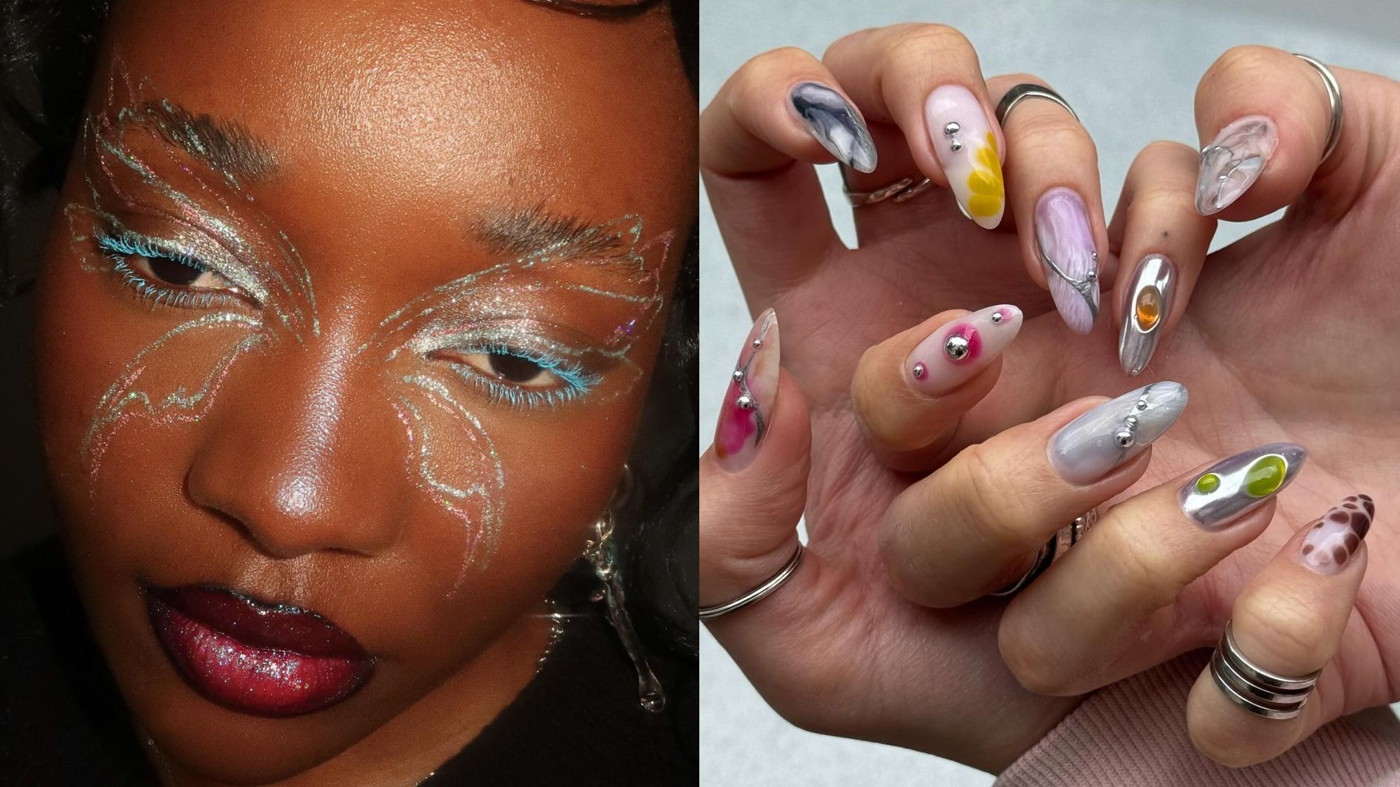 A split image of makeup artist Lynda Florae wearing butterfly makeup and manicurist Oksana Zavora&rsquo;s statement nails.