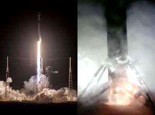 SpaceX's Falcon 9 first stage B1058 is seen launching (at left) and landing on Dec. 23, 2023, completing its 19th re-flight.