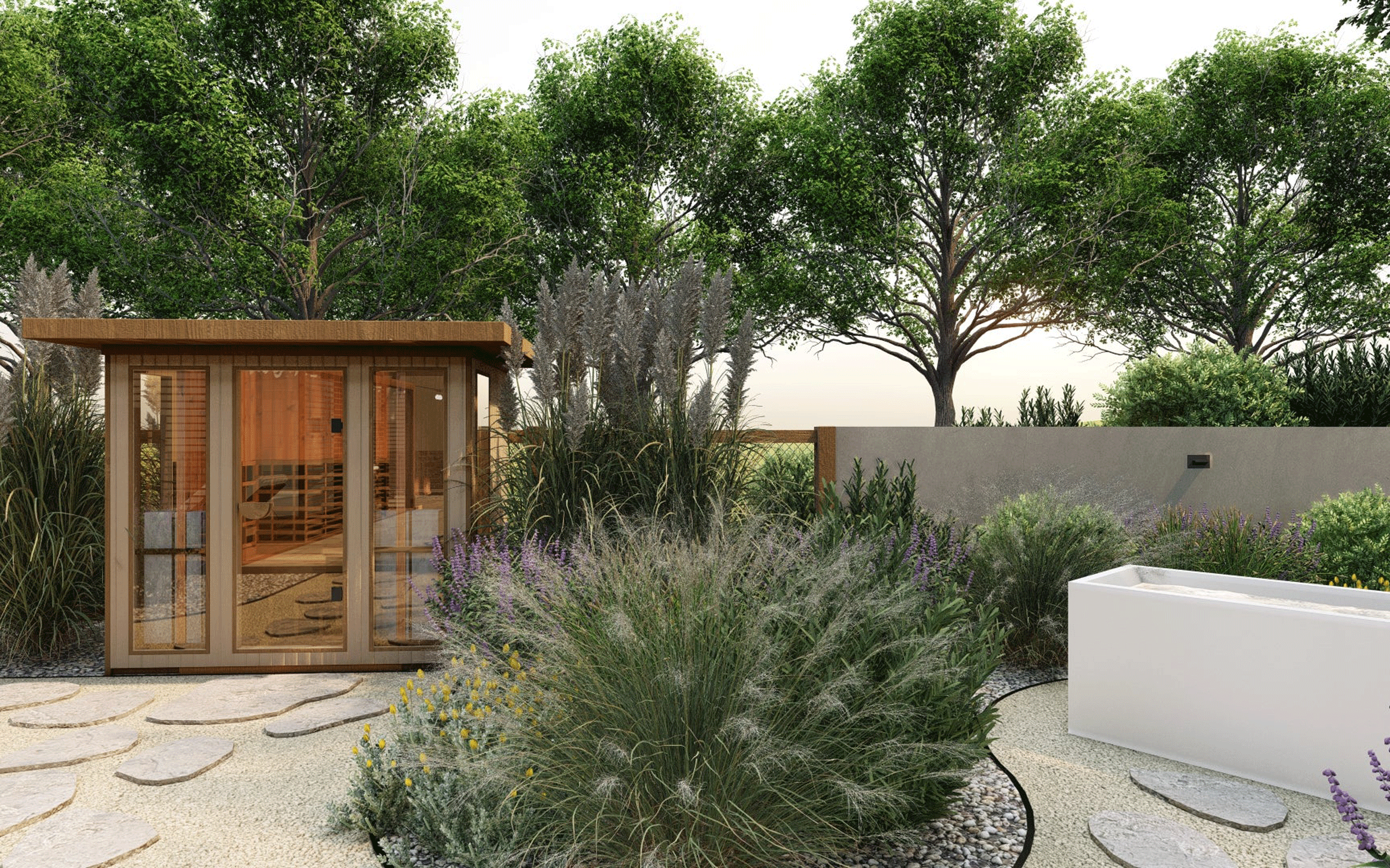 back yard with ornamental grasses and garden building