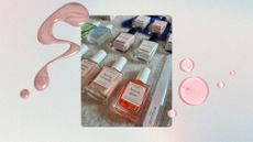 A picture of Digital Beauty Writer, Naomi Jamieson's collection of Manucurist nail polishes and tools, including the Active Glow and Smooth polishes, spread out on a blue and white blanket background, and featured in a blue, pink and yellow gradient background with two pink nail polish spills and drops. 