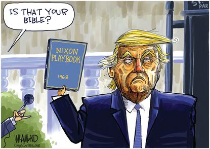 Political Cartoon U.S. Trump Bible photo op Nixon playbook