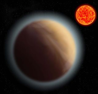Planet in foreground with hazy atmosphere bordering it with red star in background