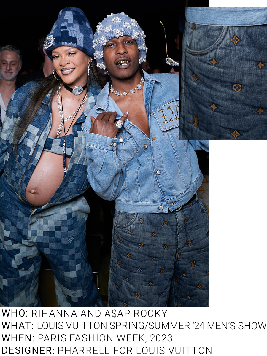 An image of Rihanna and A$AP Rocky wearing an iconic denim outfit whilst attending the Louis Vuitton SS24 men's show.