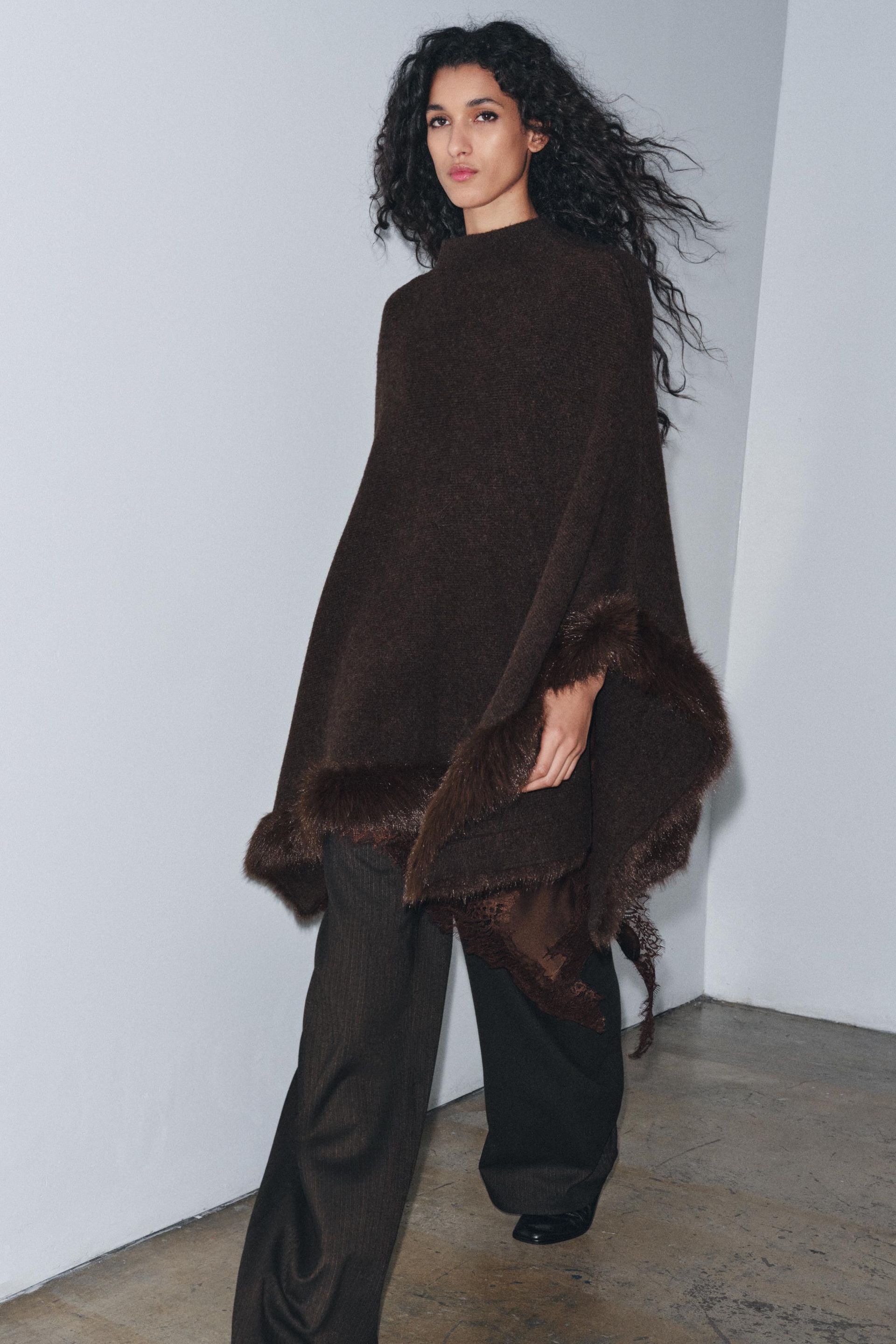 Faux Fur Knit Poncho Cape