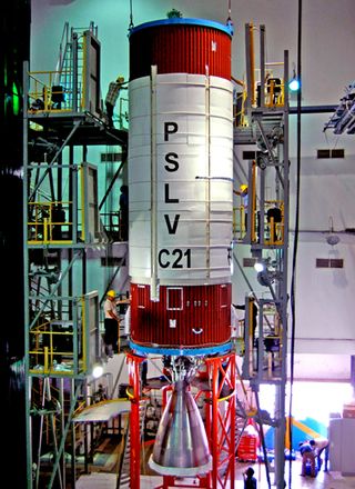 The second stage of India's Polar Satellite Launch Vehicle to launch the country's 100th space mission is prepared for the Sept. 9, 2012, launch from Satish Dhawan Space Center.