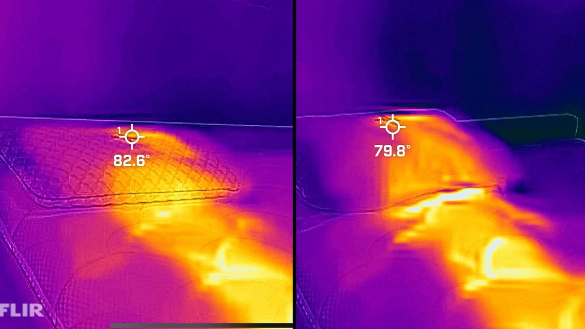 On the left, the Helix Cooling Memory Foam Pillow through a thermal cam. At minute 1, it's 82.6 &deg;F. On the right, the Beckham Hotel Collection Pillow. At minute 1, it's 79.8&deg;F.