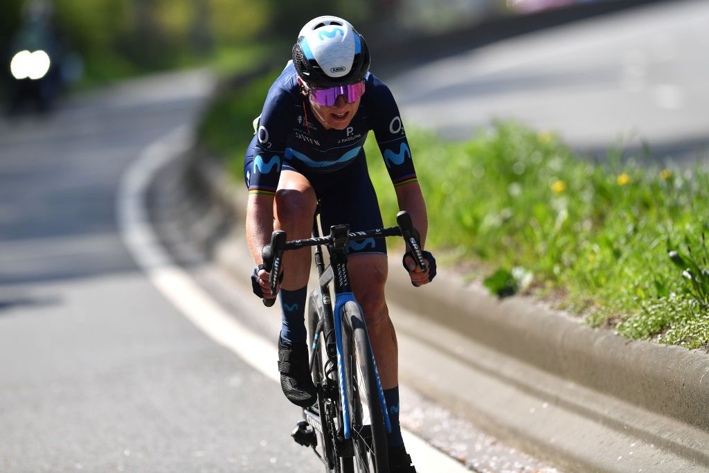 LIEGE BELGIUM APRIL 24 Annemiek Van Vleuten of Netherlands and Movistar Team Women competes in the breakaway to win the 6th Liege Bastogne Liege 2022 Femmes a 1421km one day race from Bastogne to Lige LBL LBLwomen UCIWWT on April 24 2022 in Liege Belgium Photo by Luc ClaessenGetty Images