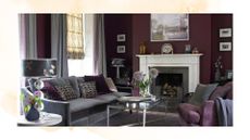 picture of a dark living room with purple and grey accents 