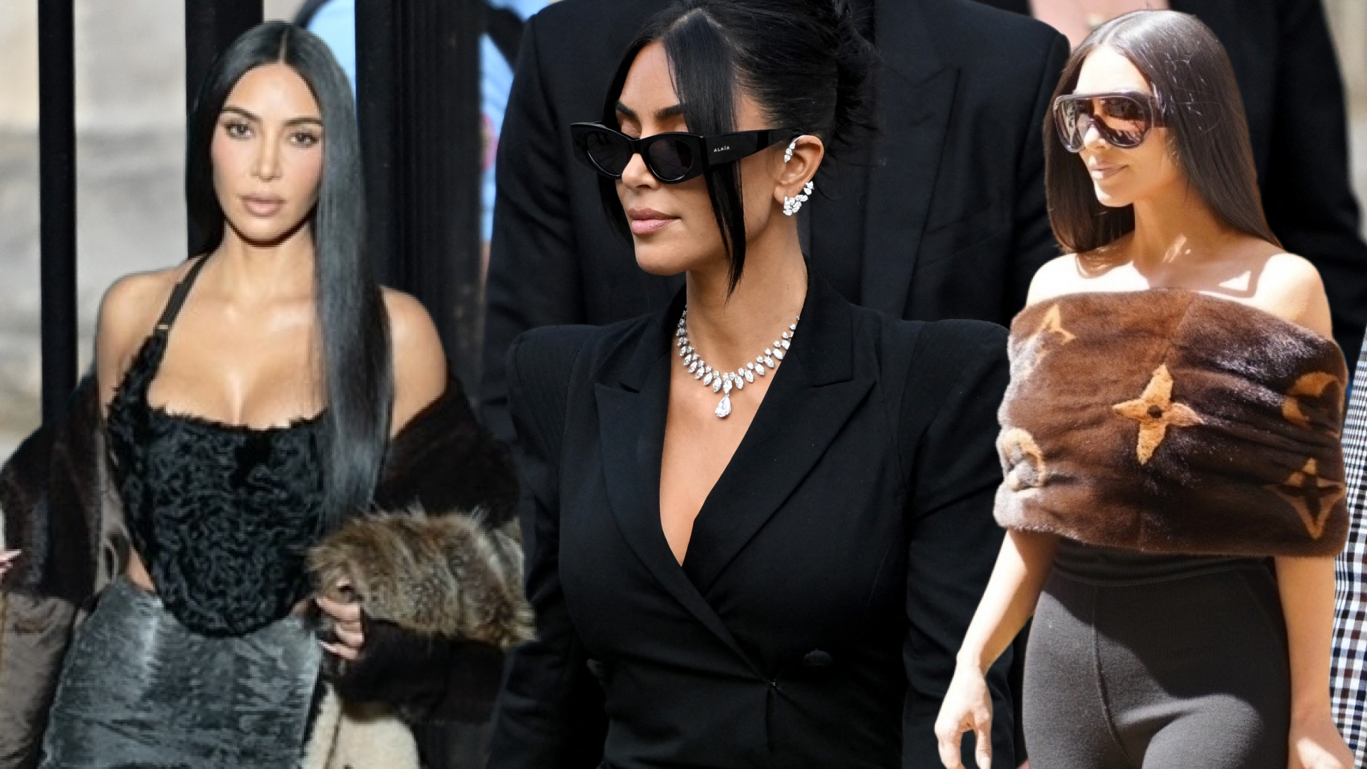 Three photos of Kim Kardashian in Paris wearing loud luxury outfits