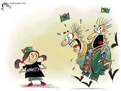 Political cartoon U.S. Boy Scouts girls Nasty Woman