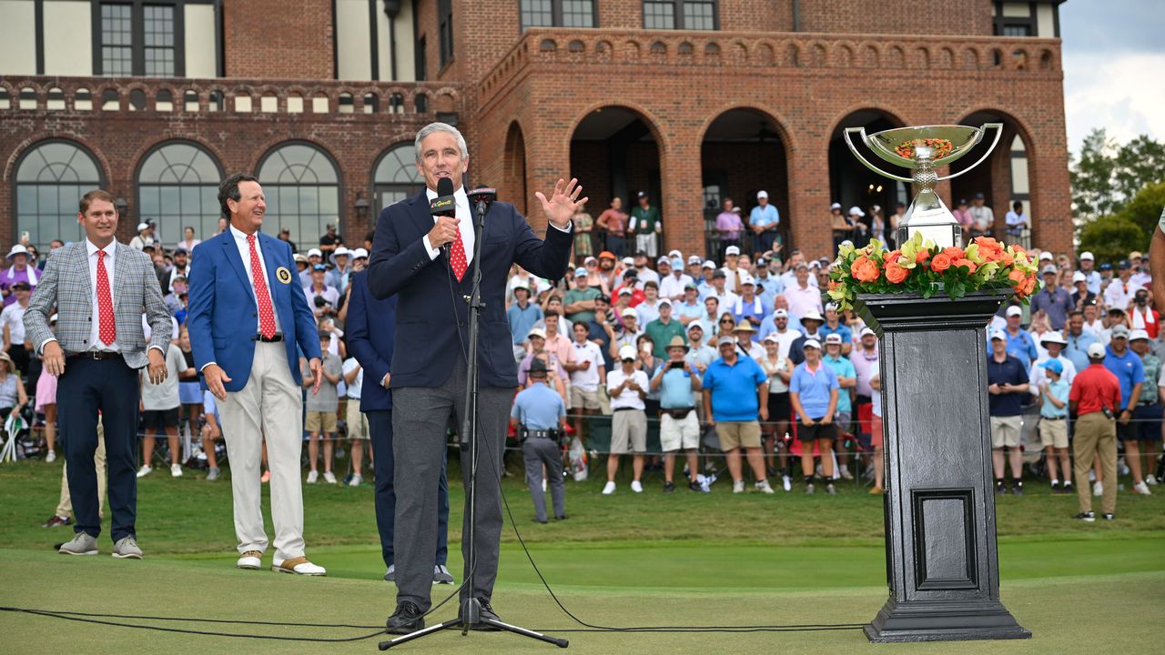 PGA Tour commissioner Jay Monahan speaks ahead of the 2024 FedEx Cup trophy presentation at East Lake