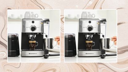 EspressoWorks All-in-One Espresso Machine Set on swirled brown background