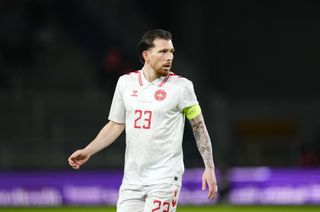 Pierre Emile Hoejbjerg of Denmark looks on during the friendly match between Denmark and Faroe Island on March 26, 2024 in Copenhagen, Denmark. (Photo by Ulrik Pedersen/DeFodi Images via Getty Images)