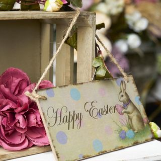wooden box with bunny printed wooden frame and pink flower