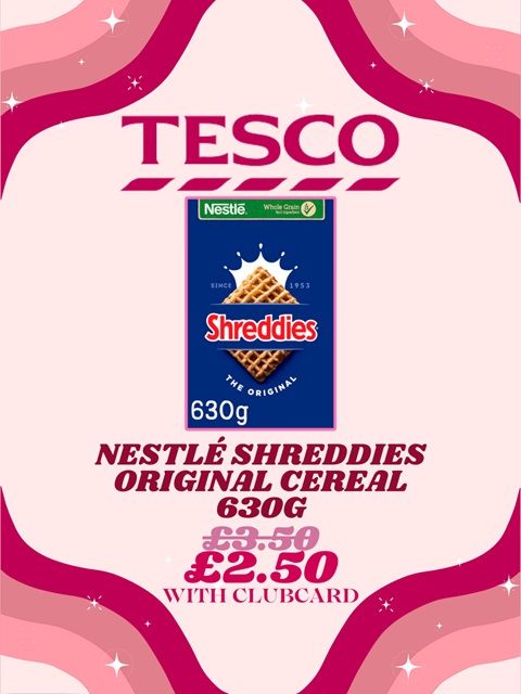 A box of Shreddies with the price both with and without a Tesco Clubcard.