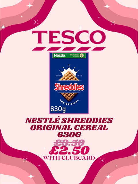 A box of Shreddies with the price both with and without a Tesco Clubcard.
