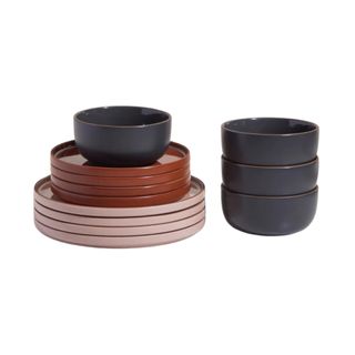 Our Place 12-piece ceramic crockery set in spice pink, terracotta and char grey