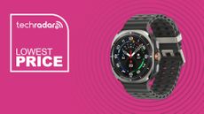 Samsung galaxy watch ultra on a pink background with the text "lowest price2