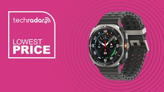 Samsung galaxy watch ultra on a pink background with the text "lowest price2