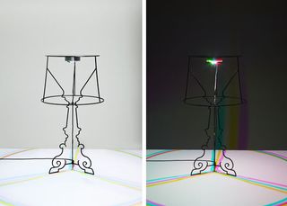 Lamp with silhouette in iron wire, multi-coloured bulb