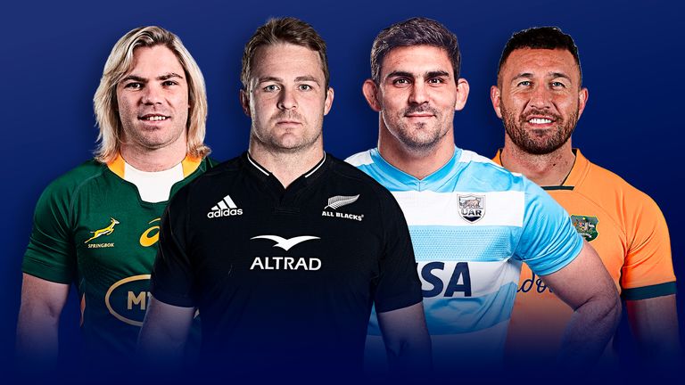 Sky Sports promotional image featuring four Rugby Championship players